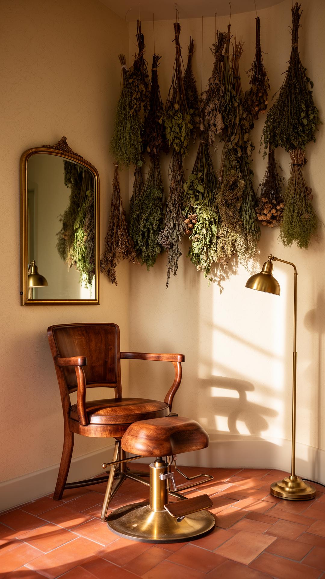 Interno dell'atelier Settimo Cielo: erbe essiccate, poltrona vintage, luce calda