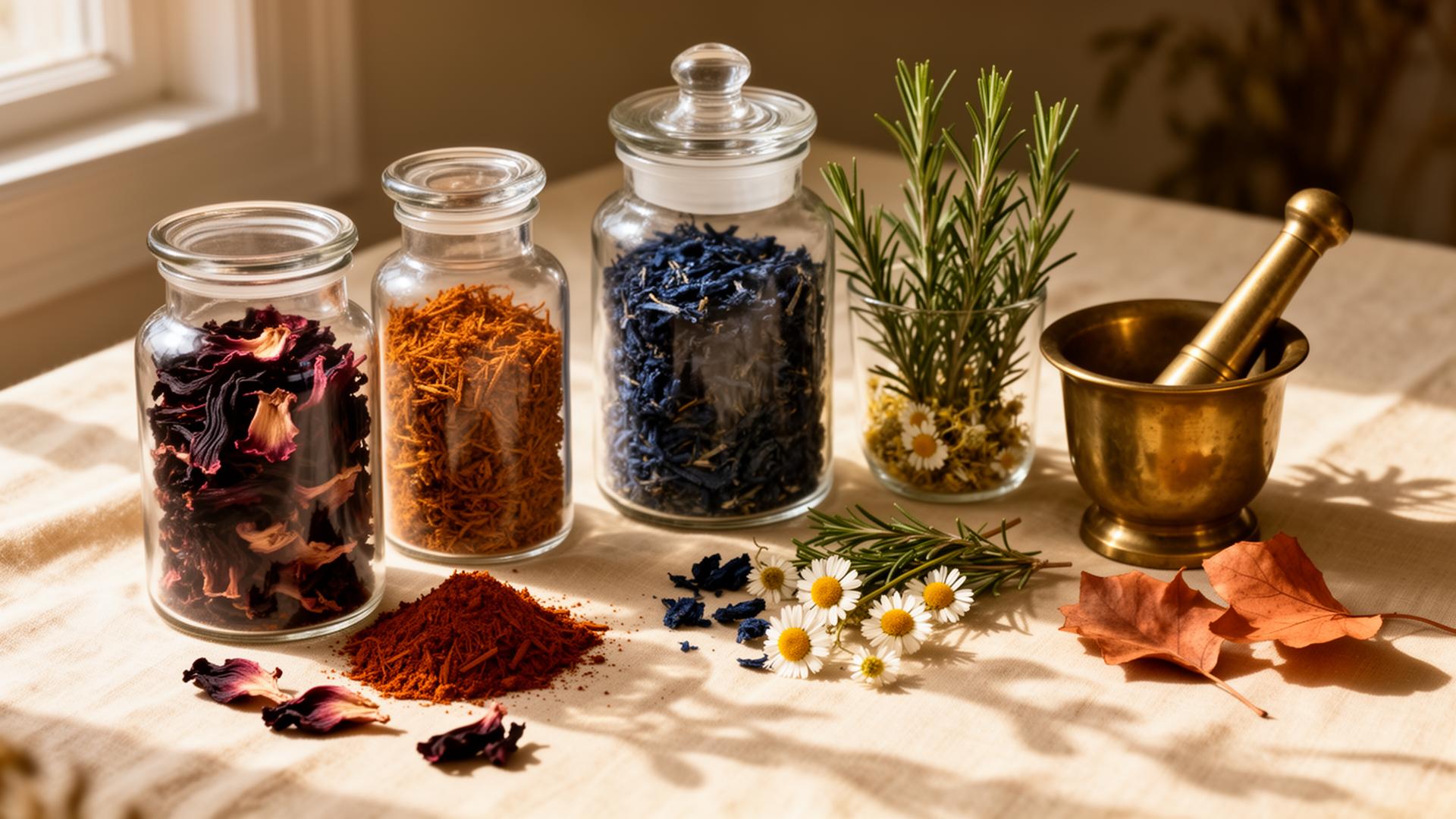 Erbe e piante tintorie: hibiscus, henné, indigo, camomilla, rosmarino