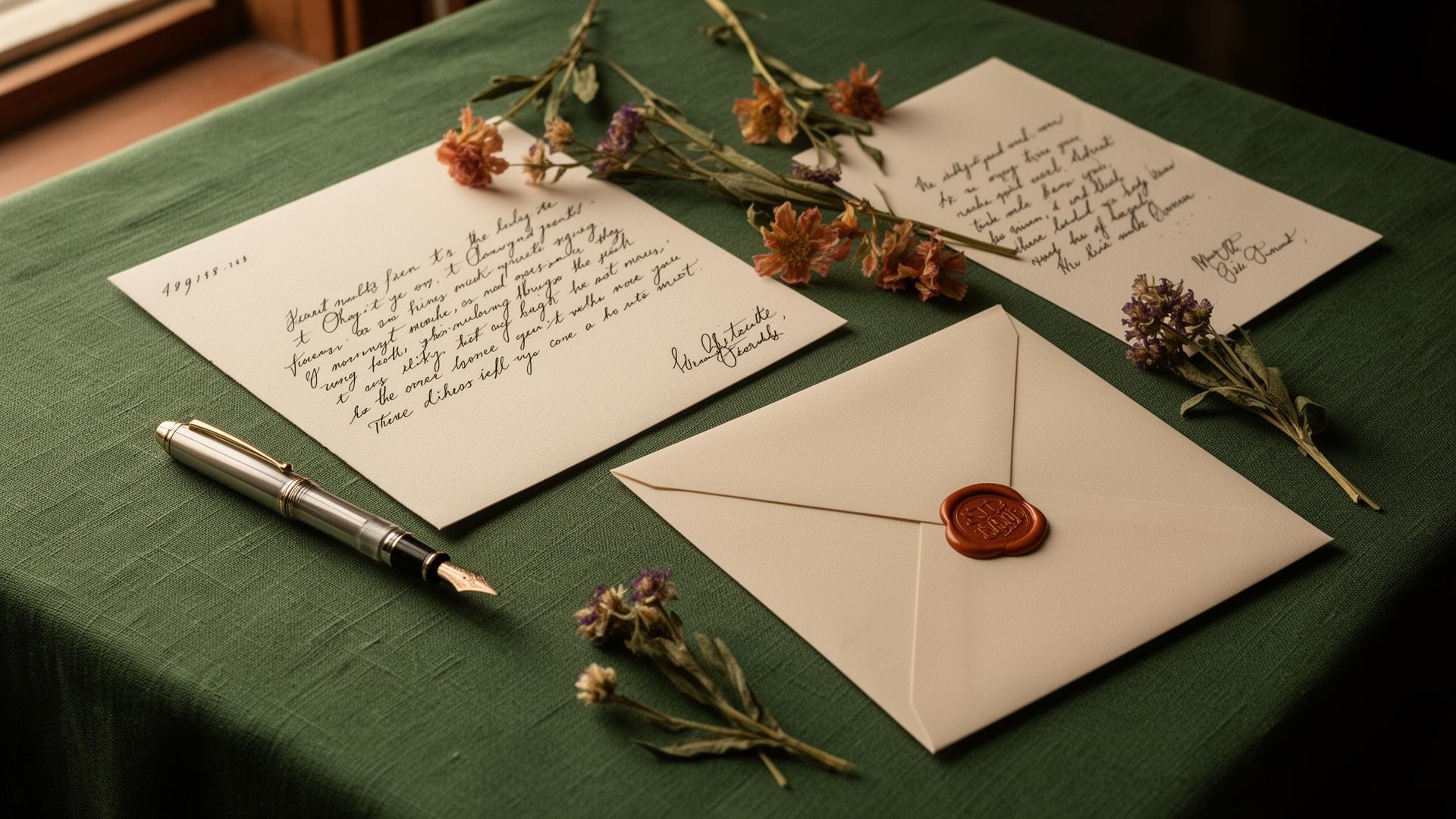 Lettere scritte a mano e fiori essiccati su lino verde foresta