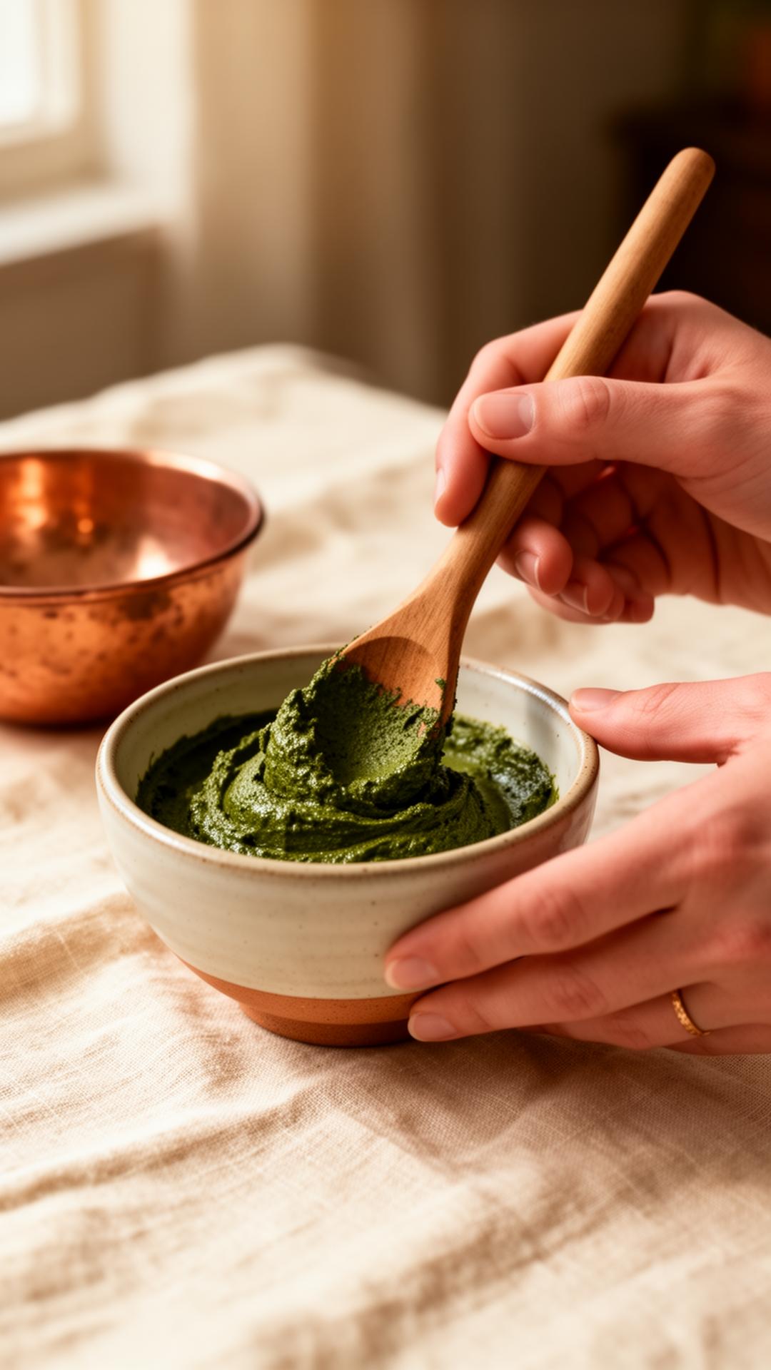 Mani che preparano la pasta di erbe per la colorazione vegetale
